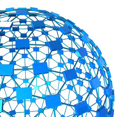 Connected nodes forming a blue globe