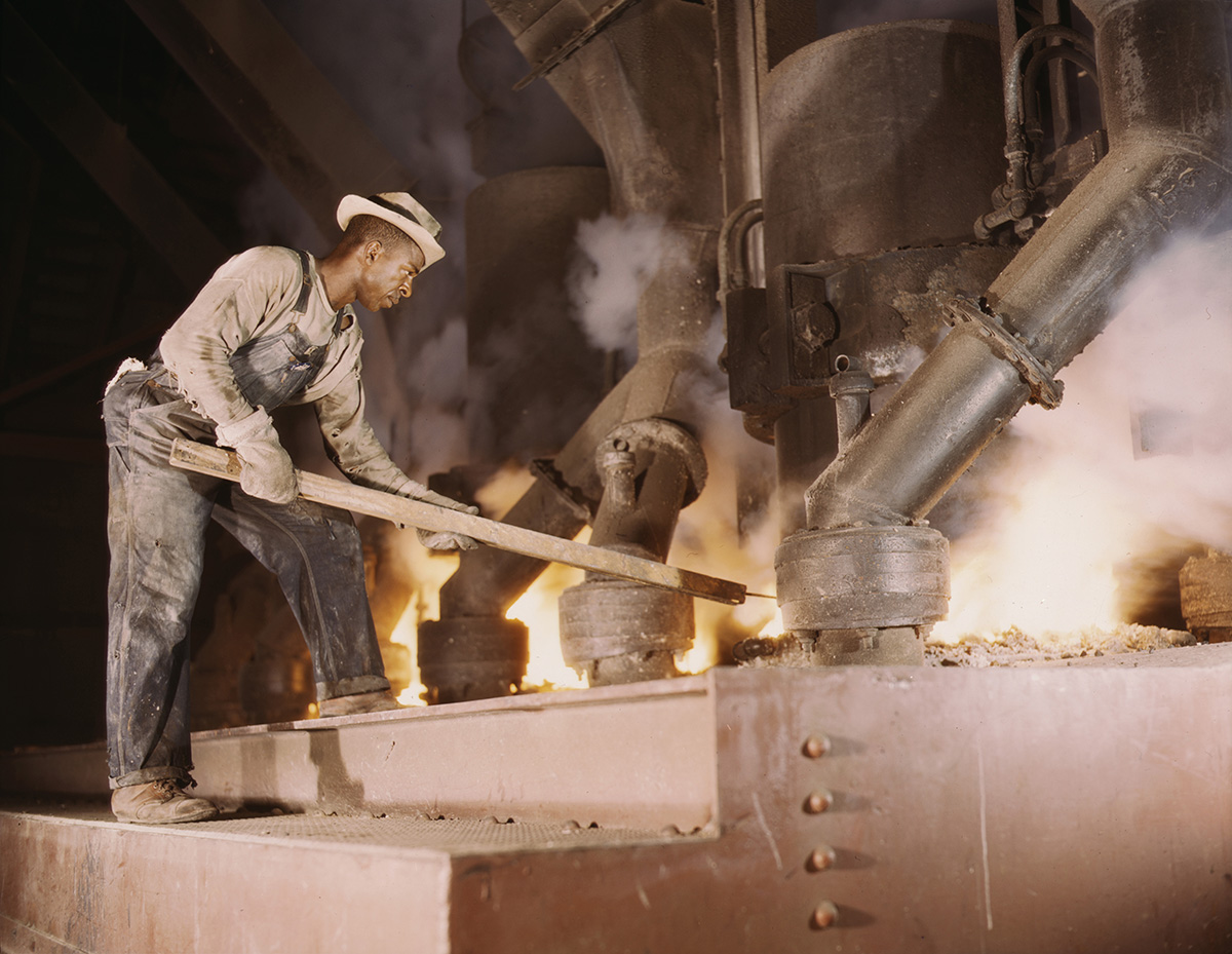 A large electric phosphate smelting furnace used to make elemental phosphorus in a TVA chemical plant near Muscle Shoals, AL in 1942. Source: United States Library of Congress. 