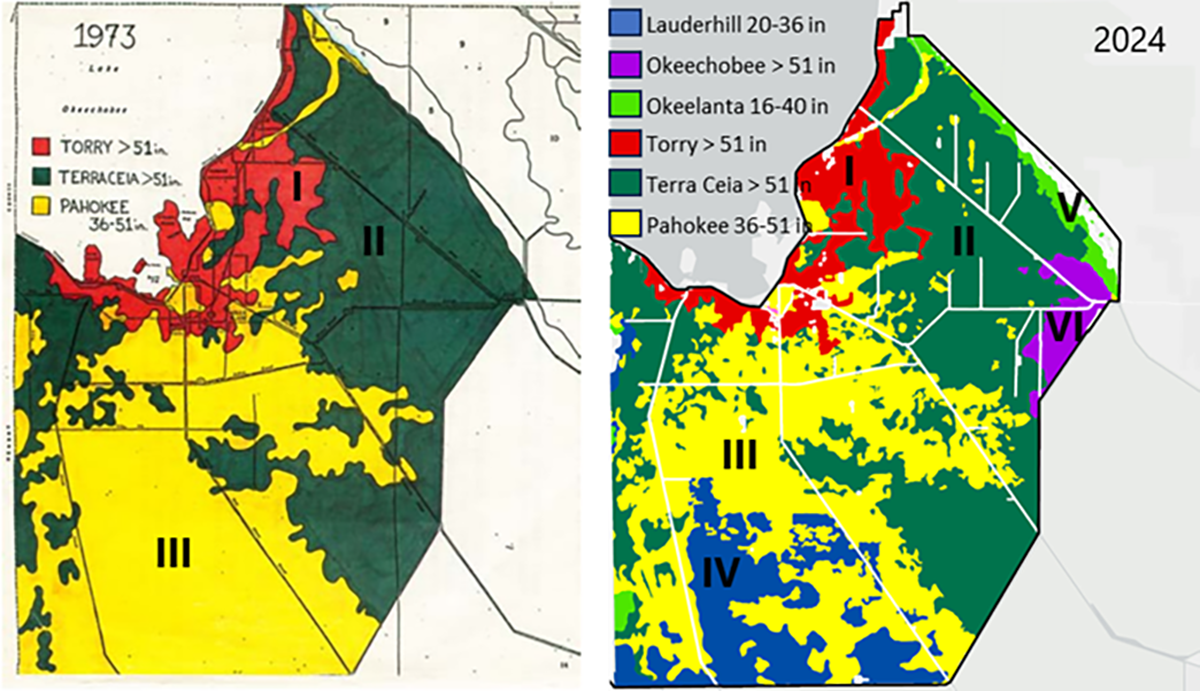 Figure 2. Comparison of soil series between 1973Â&nbsp;(Cox et al., 1988) and 2024Â&nbsp;(Bai et al., 2025) for Histosols in Floridaâs EAA. Photo courtesy of Xue Bai and Jehangir H. Bhadha, UF/IFAS.Â&nbsp;Â&nbsp;
