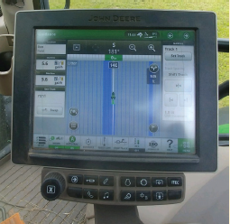 The tractor-guidance screen as seen during a fertilizer application; the blue lines are the areas covered by the tractor. Photo by Mike Popp/University of Arkansas.
