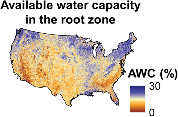 Soil available water capacity (%) in the root zone varies drastically across the conterminous United States. Image by Meetpal S. Kukal.