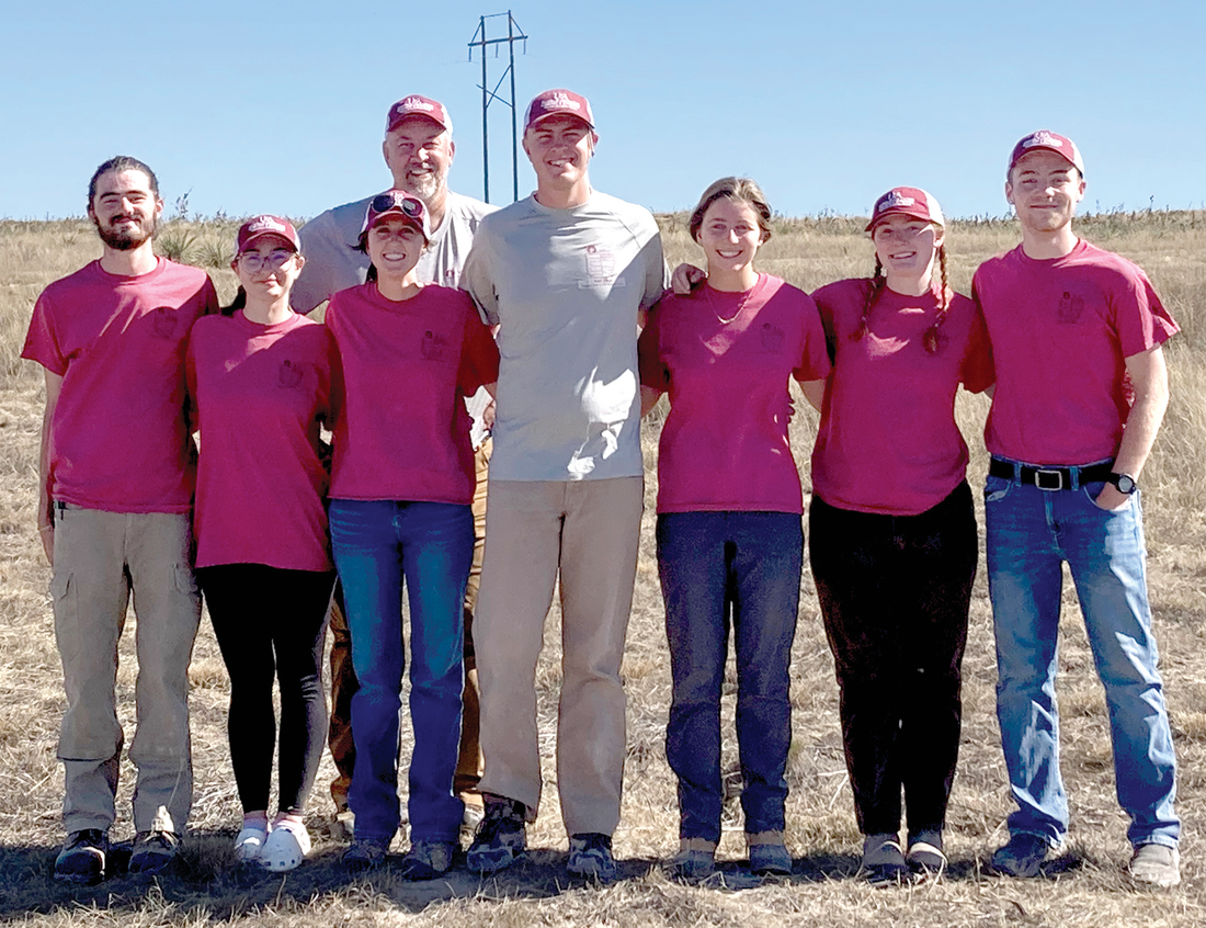 At the 2023 Region IV Soil‐Judging Contest on October 19th in Lamb County, TX, the University of Arkansas took first place overall. Pictured (from l to r) from the team is Noah Solomon, Keara Taul, Kris Brye, Katie Jansson, Jonathan Brye, Claire Meara, Sophie Sward, and Colten Nichols.