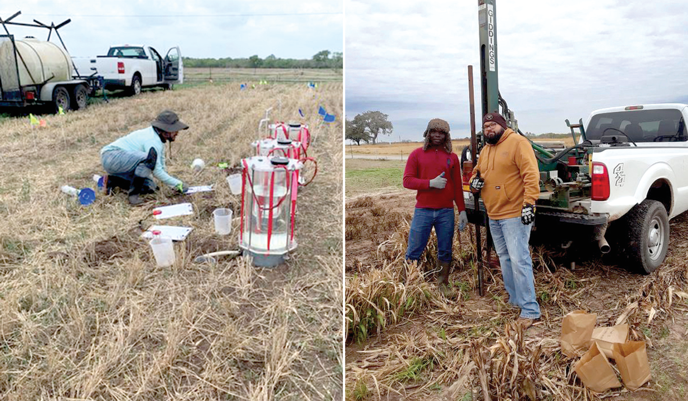 Left: Lead author Perejitei Bekewe at a sprinkle infiltrometer. The team took measurements in the spring following wheat harvest and before summer double crop planting. Photo by Jamie Foster. Right: Bekewe (left) and Carlos Serna of Texas A&M's AgriLife Research while soil sampling between summer crop harvest and wheat planting in Beeville, TX. Photos courtesy of Perejitei Bekewe.