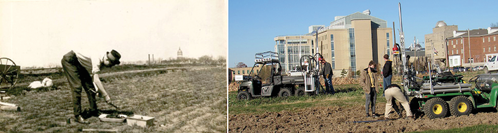 Soil sampling at Sanborn Field at the University of Missouri in 1916 (left) and 2020.