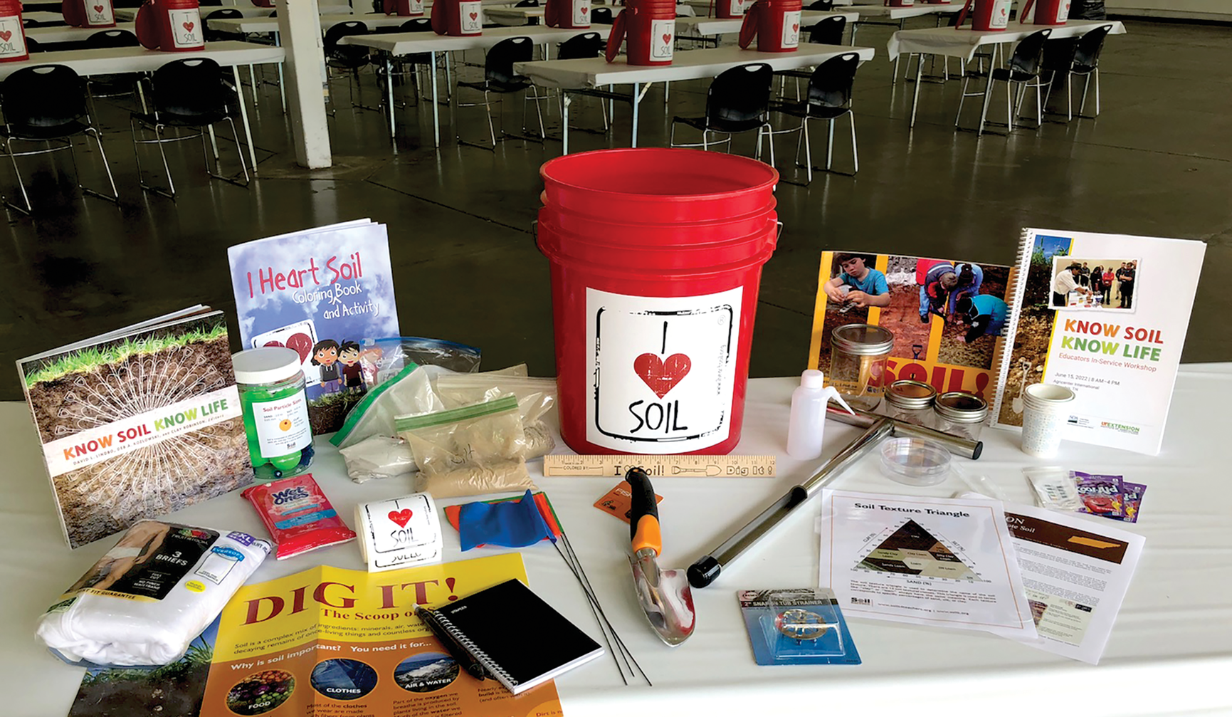 The SSSA K-12 Committee put together educator trainings where teachers were provided “soil buckets” containing more than $200 of materials and supplies along with copies of many SSSA educational resources, including the Know Soil Know Life textbook, Soil! Get the Inside Scoop book, posters, and coloring books.