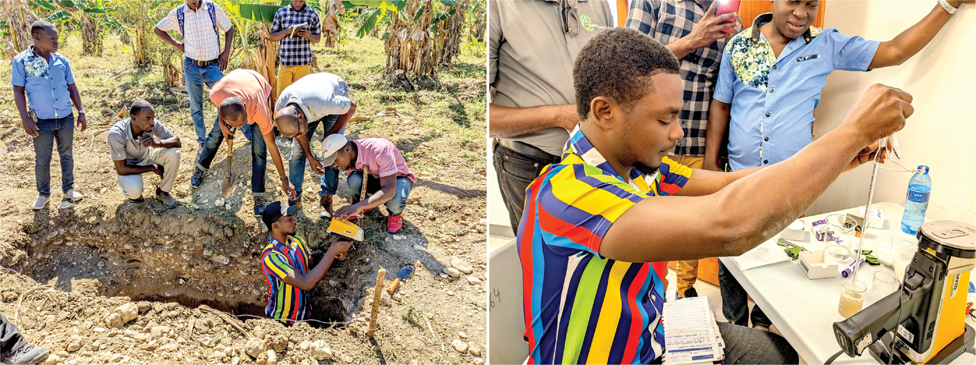 Haitian agronomists working with portable X-ray fluorescence spectrometry to make elemental determinations in field and laboratory settings.