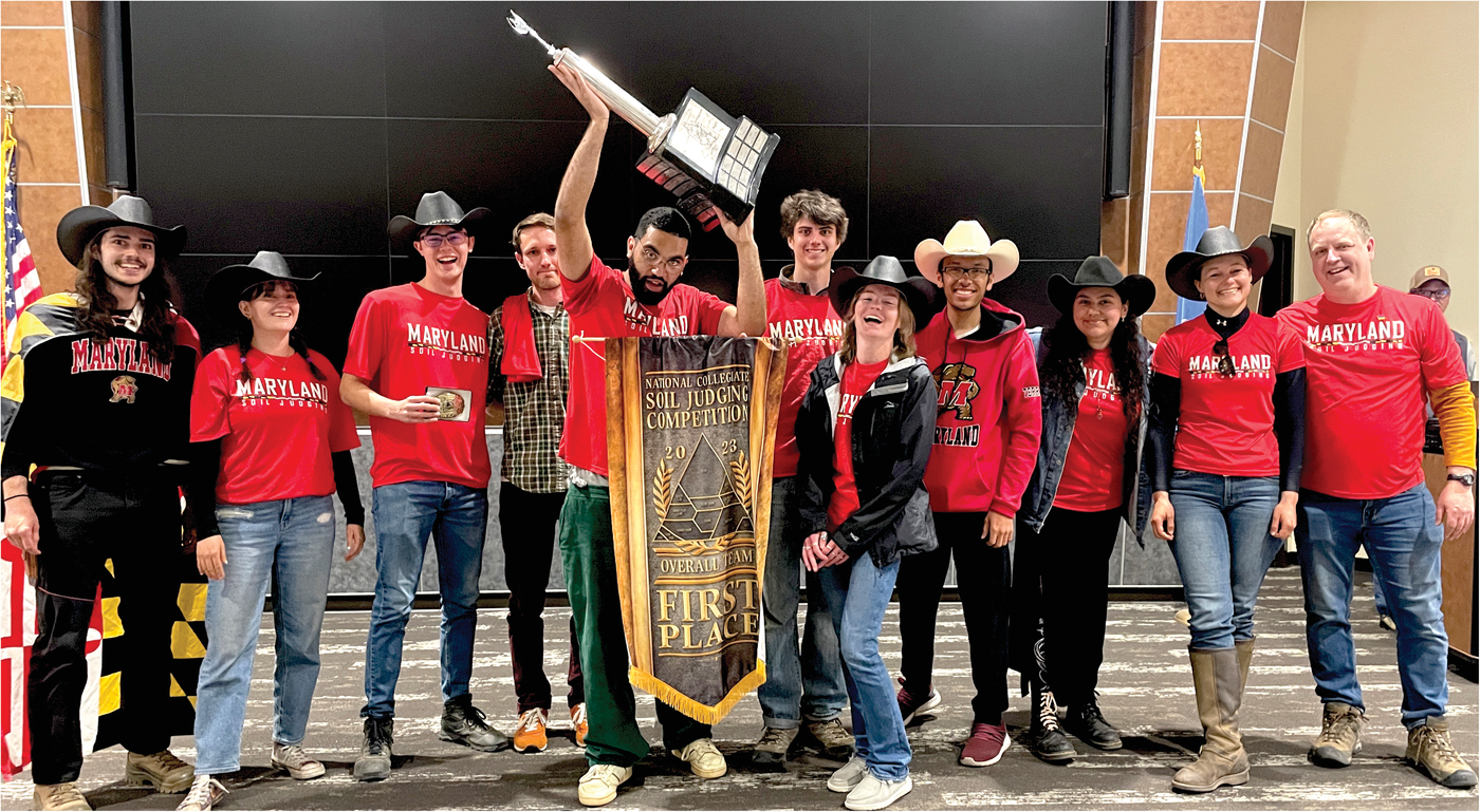 The University of Maryland Team (first-place school overall). L to r: Nicko Kioutas, Nikki Zimmerman, Alex Quigley, Patrick Burke, Gabriel Acevedo, David Hutch, Madelyn Haines, Joshua Eledlin, Gina Jacob, Jocelyn Wardrup (coach), and Dr. Brian Needelman (coach). Photo by Joe Manetta, University of Rhode Island.