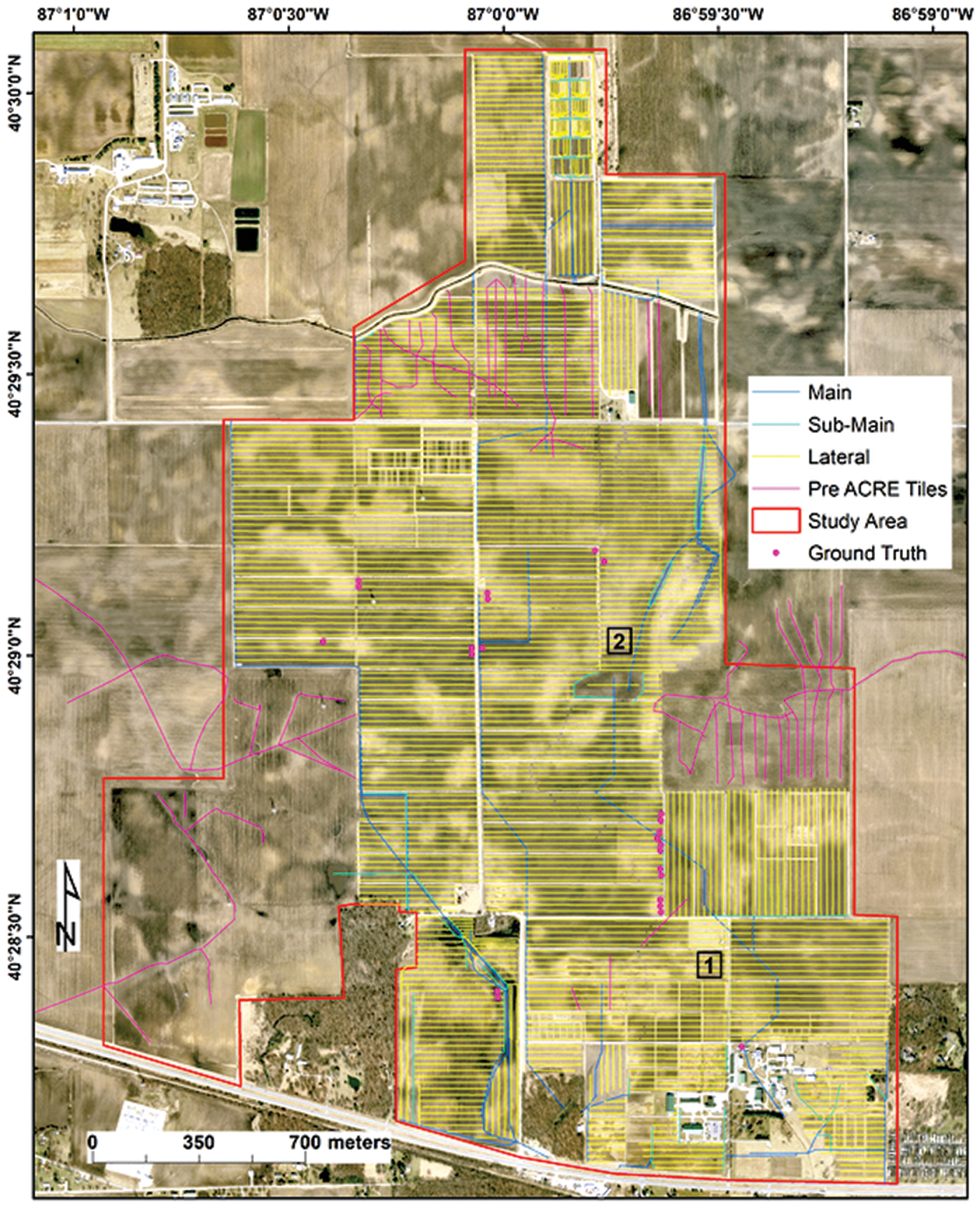 Tile line map for Purdue University’s Agronomy Center for Research and Education (ACRE). Image by Shams R. Rahmani.