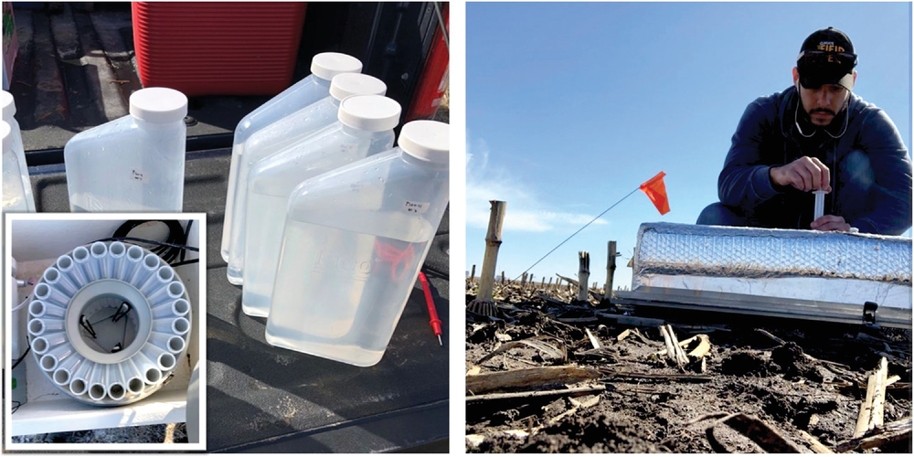 Left: Bottles containing subsurface drainage water samples. Inset shows a top-down view of the inside of the auto-sampler used to collect water samples. Right: Giovani Preza-Fontes, who worked on the study as a doctoral student at the University of Illinois Urbana-Champaign, takes greenhouse gas samples from the field. Photos by Giovani Preza-Fontes.