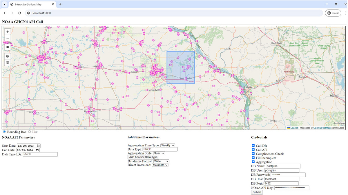 Image of web interface looking at Global Historical Climatology Network daily (GHCNd) data with example downloading a small region of data in southeast Minnesota. In the map, a user can define a bounding box (blue-square). Then in the application programming interface (API) call, the user can define the climate variable, the dates for which the data should be gathered and the type of aggregation that is requested. Image from Gall et al. (2024).