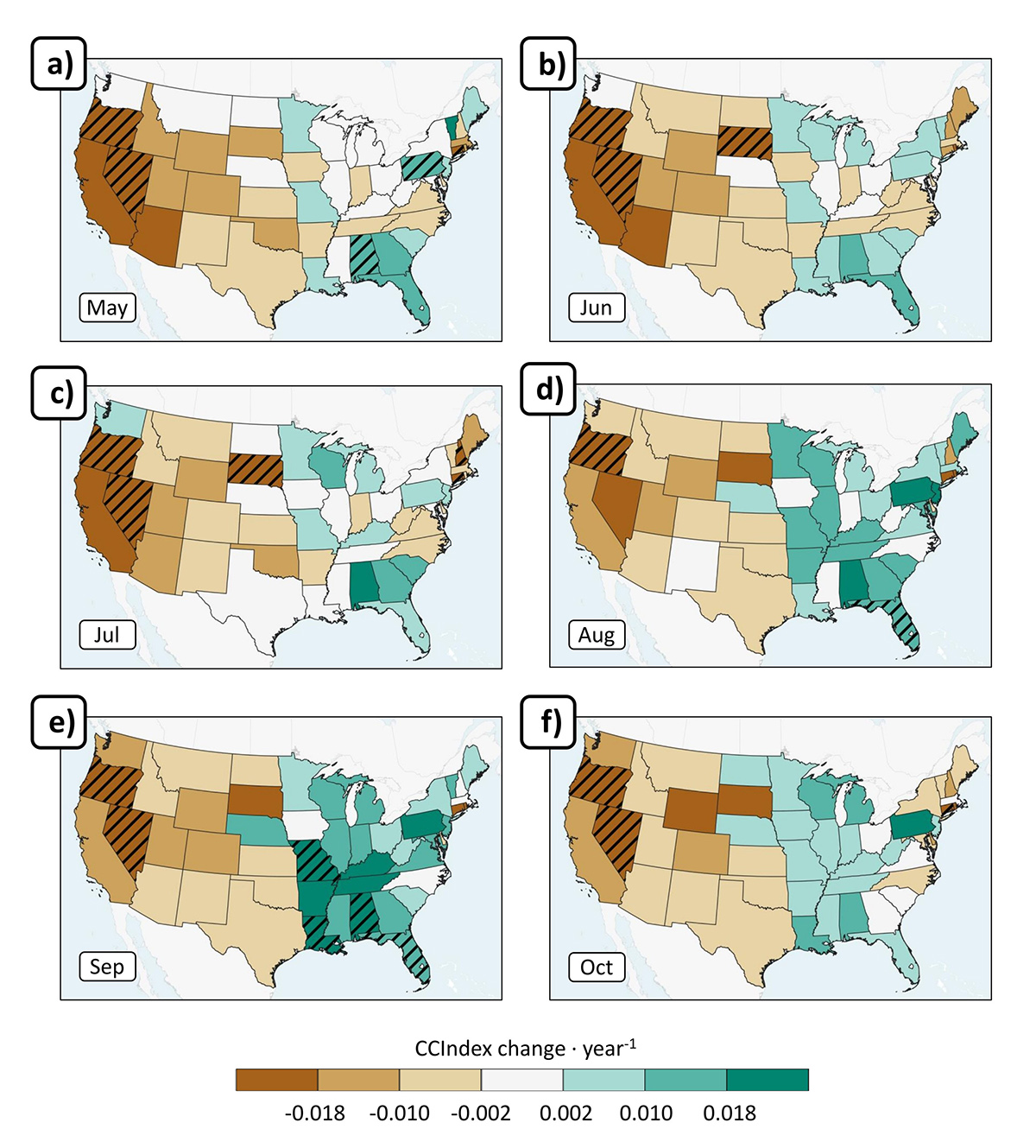 Monthly trends in grazing land condition ratings (measured as the CCIndex) over the 1995–2022 period. Browns represent declining grazing land conditions while greens represent improving conditions. Hatching is statistical significance at the 95% confidence level. Image adapted from Bundy et al. (2025). 