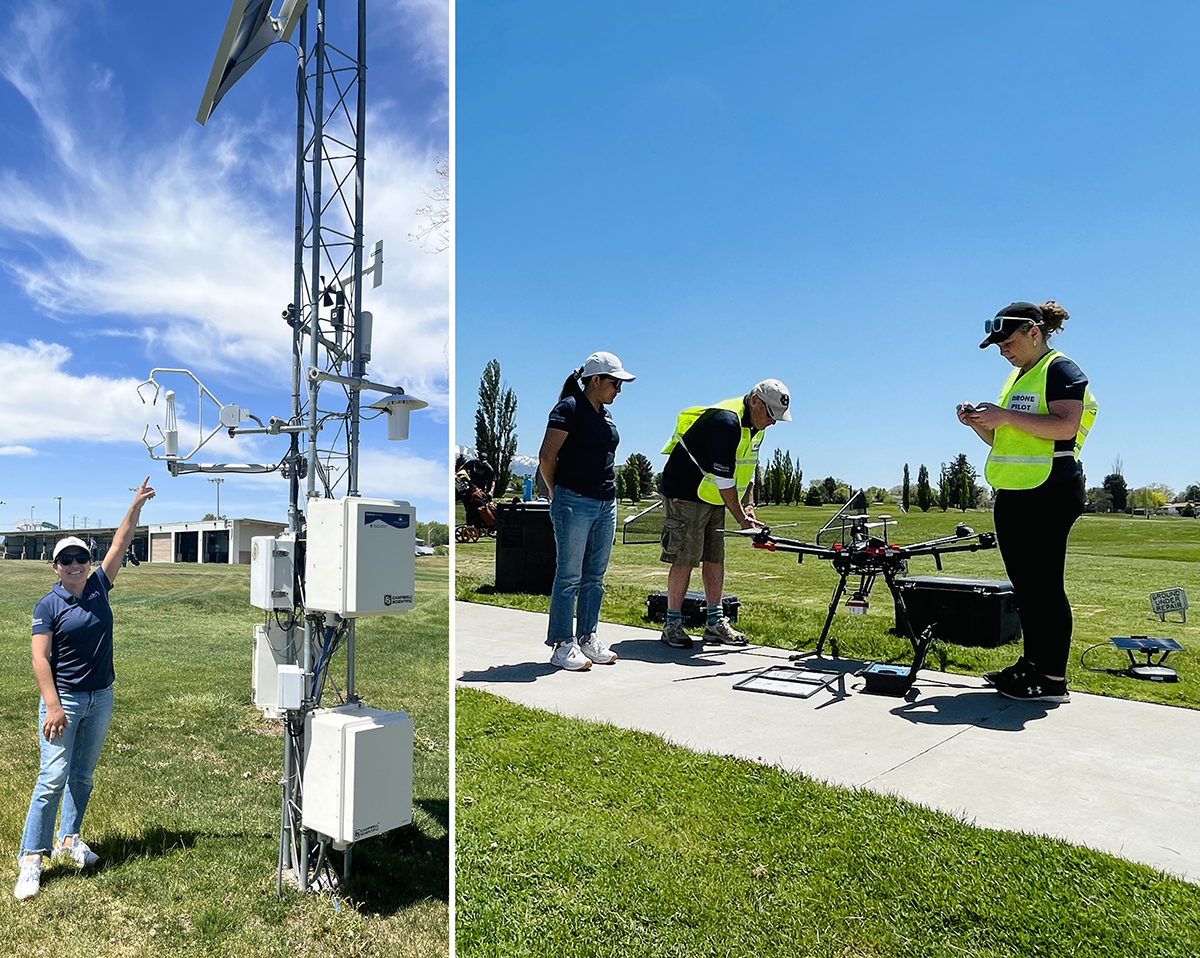 An eddy covariance flux tower and researchers planning a drone flight