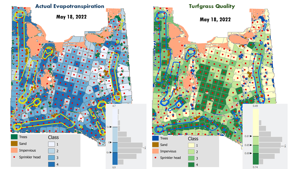 Site-specific management zones of actual evapotranspiration and turfgrass quality at Eagle Lake Golf Course in Roy, UT and histograms of the four natural break classes (1-4) of estimated TQ. Blue lines identify the fairway, greens, and tee boundaries and red dots identify sprinkler heads. Image by Karem Meza.