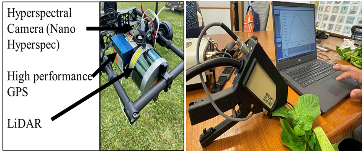 Hyperspectral imaging sensors: mounted on an unmanned aerial vehicle (left) and for leaf scanning (right)