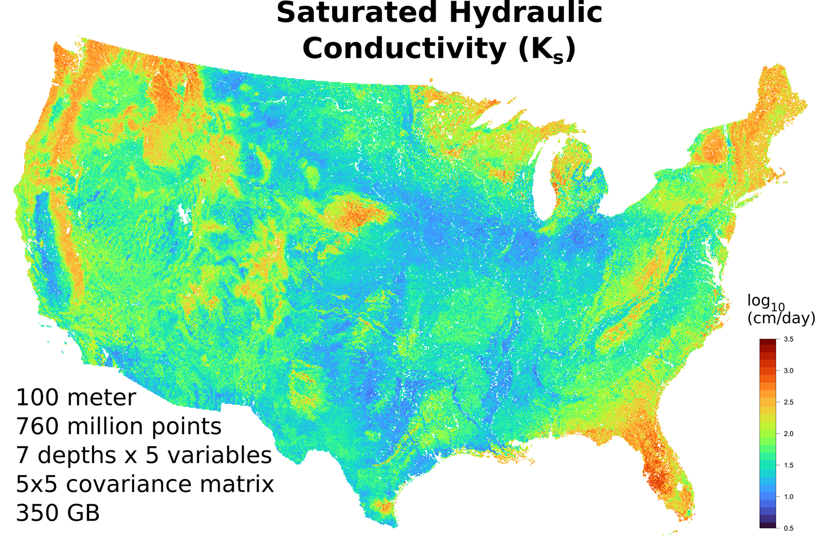 Map of saturated hydraulic conductivity at a 5-cm depth for the contiguous United States. This map shows large-scale variation with high conductivities on coarse materials (orange-red, such as Florida, mountains, glacial sediments) and low conductivities on the fine sediments in the U.S. interior (blue). Actual map holds 49,810 × 31,390 pixels (West–East × North–South) at 100-m resolution. Image by Marcel G. Schapp, Yonggen Zhang, and Craig Rasmussen. 