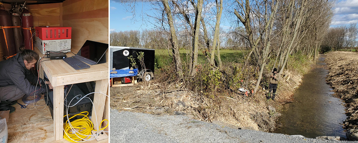 Left: Mitchell Richardson setting up the automated GHG sampling system. A component of the sampling system is an SRI gas chromatograph for gas concentration measurements integrated with a Campbell Scientific Data Logger to control sampling equipment. Right: Here Richardson is shown maintaining GHG sampling equipment at the field sampling site. On his left is a LI-COR flux gas chamber with orange flags to mark the location of the soil gas samplers along with the trailer housing the GHG sampling system.