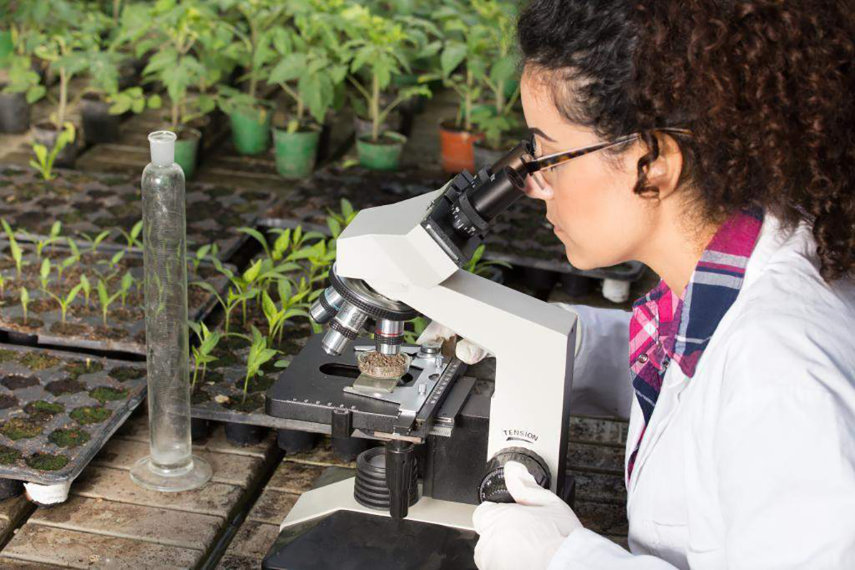 Woman looking into a microscope.