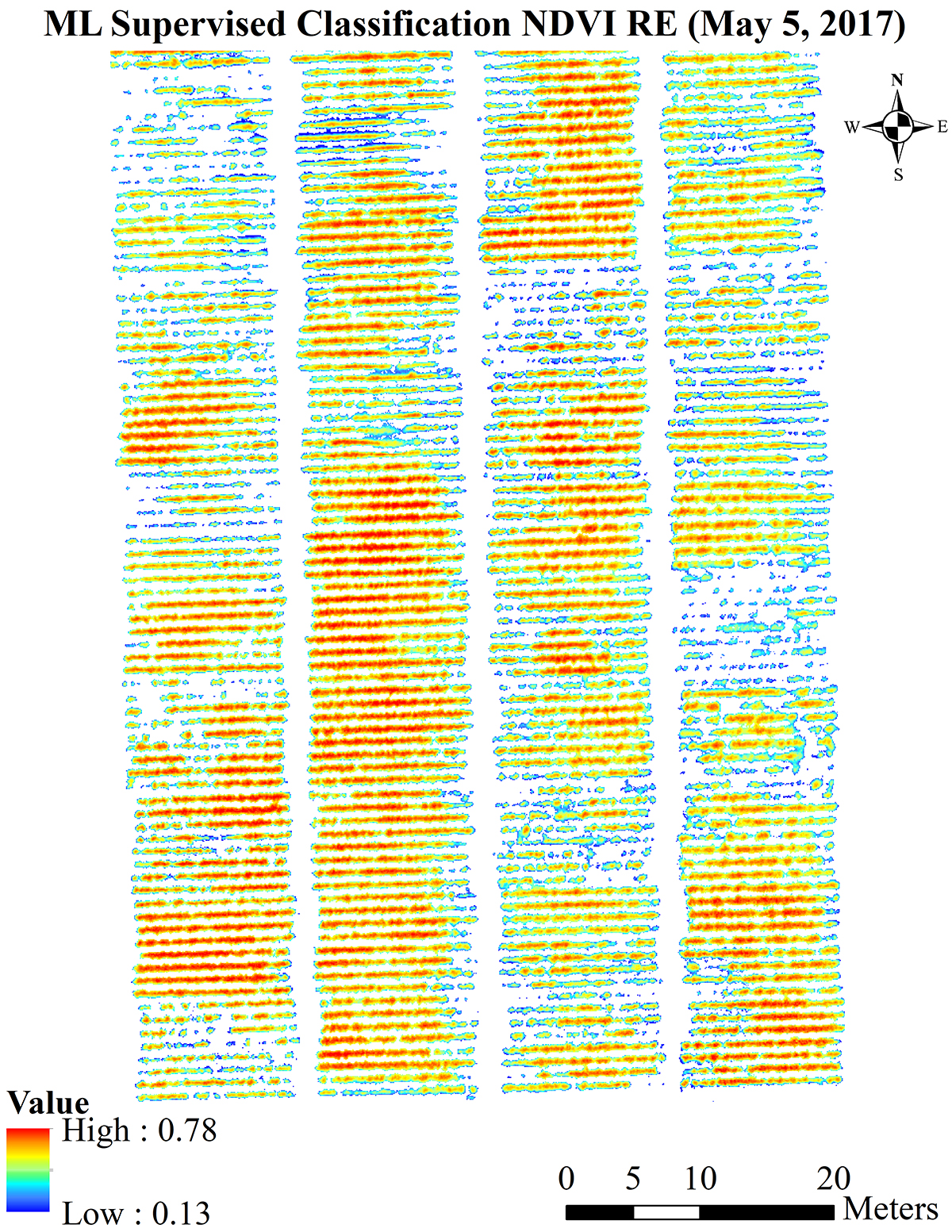 Illustration of maximum likelihood (ML) supervised classification to remove soil and calculate the normalized difference vegetation index red-edge (NDVI RE), computed using red and red-edge bands. High values represent healthy vegetation while low values represent crop stress. Illustration courtesy of Isabel A. Garcia-Williams. 
