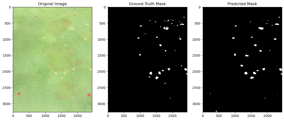 Fungal diseases dollar spot and brown patch on a golf course putting green (left) with the ground truth validation mask (center) and the model output of the model's predicted dollar spot masks (right). Image by Elisabeth Kitchin, Virginia Tech.
