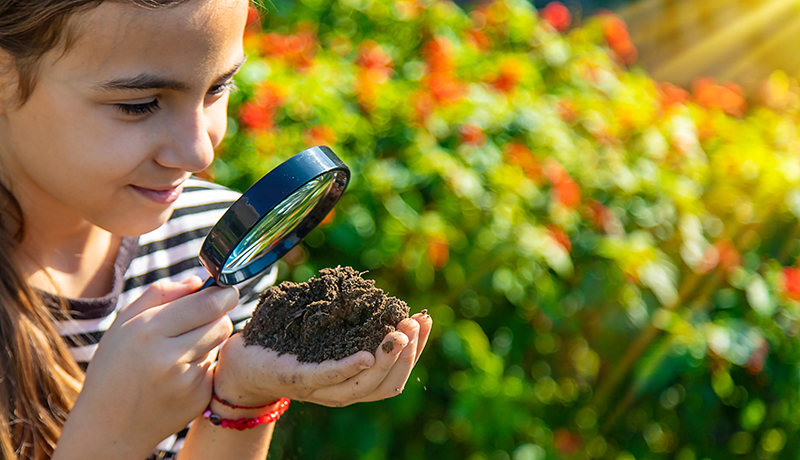 Girl looking at soil