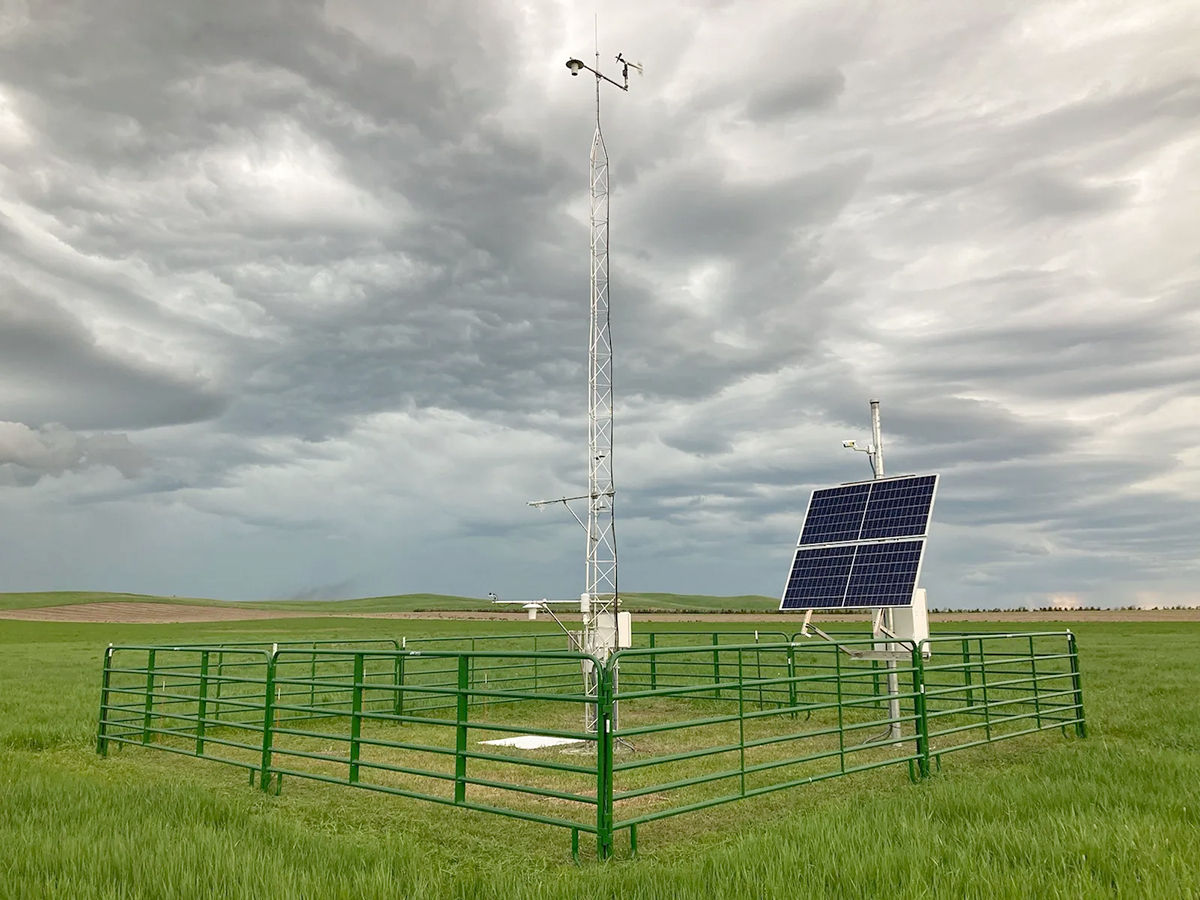The South Dakota Mesonet Winner 9ESE monitoring station records soil moisture and snowpack data as part of the Upper Missouri River Basin monitoring network. Photo courtesy of Nathan Edwards, South Dakota Mesonet.