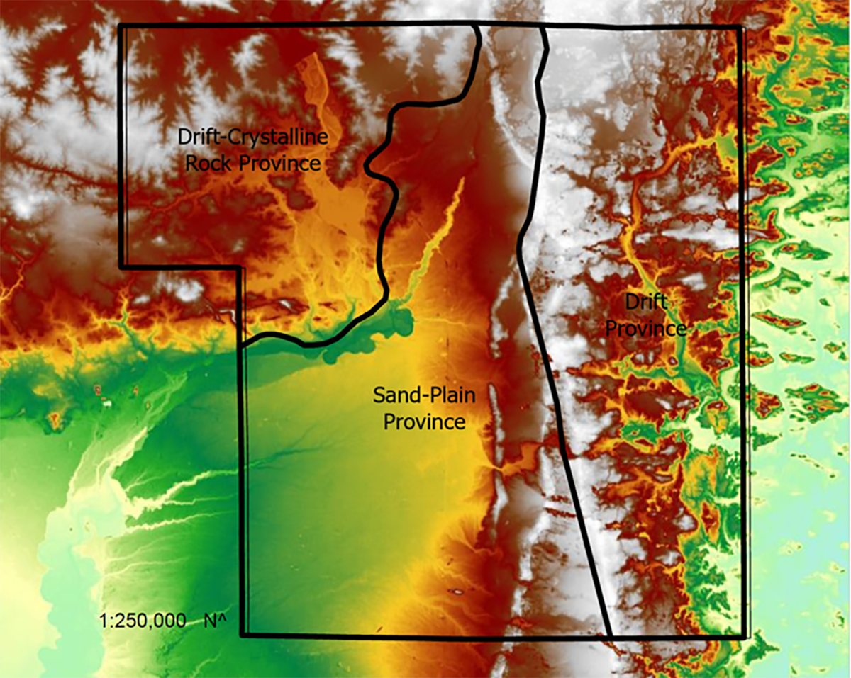 Geologic provinces and a DEM of in Portage County, Wisconsin.