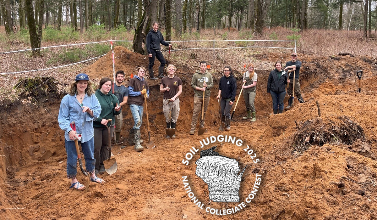 Students from University of Wisconsin–Stevens Point helping with final soil pit preparations at the 2025 National Collegiate Soil Judging Contest.