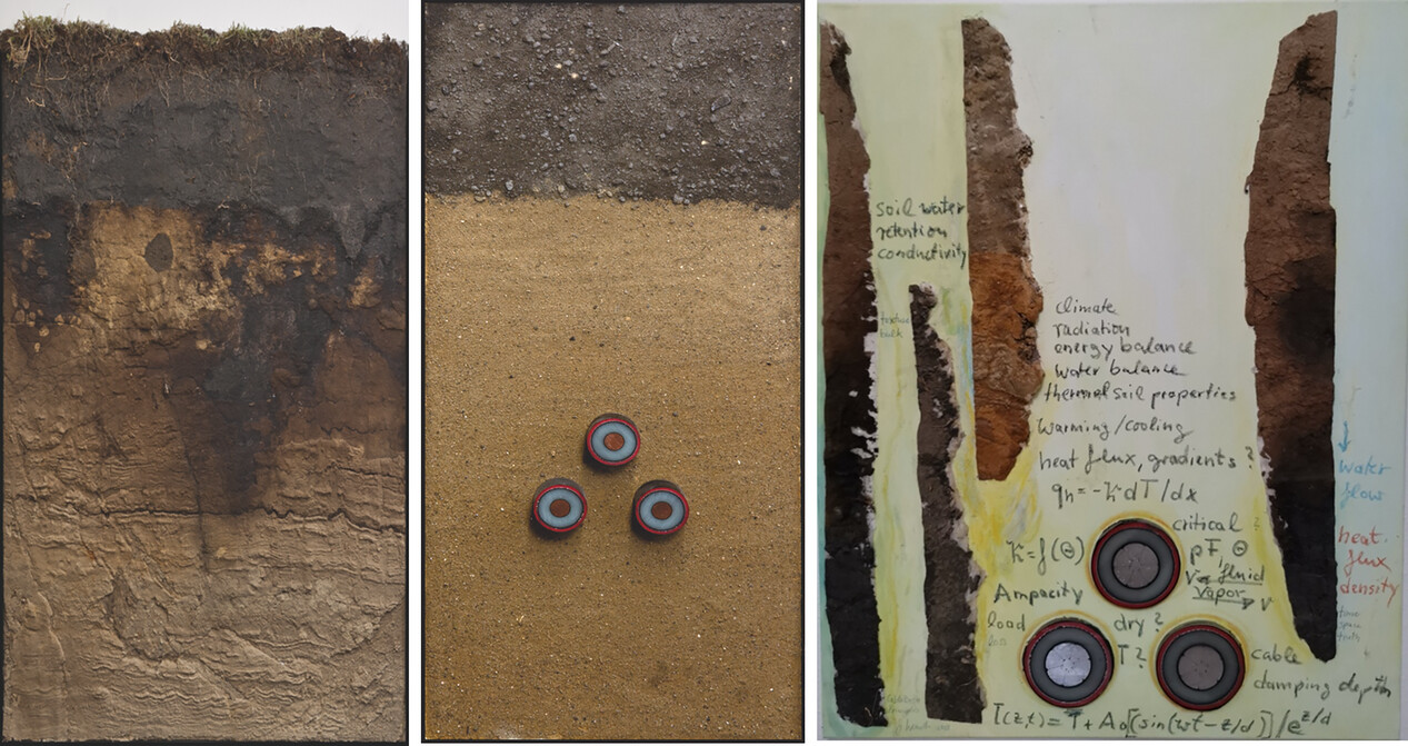 Soil profile before (left) and after cable laying (middle) and a picture of heat transport aspects (right), painted by Gerd Wessolek in 2019 as part of the WindNODE research project. Image from Wessolek & Toland, 2024.