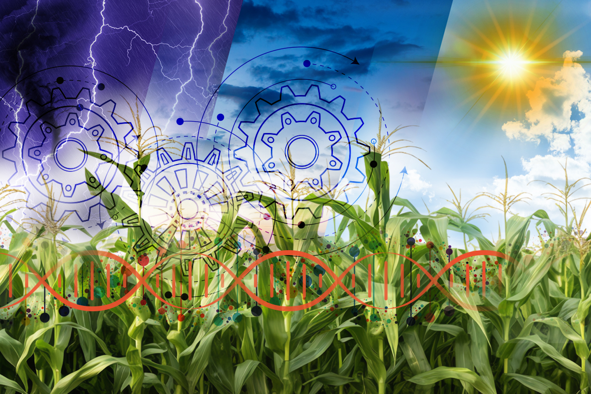 The environment has just as much impact on a crop’s traits as its DNA. Ongoing research on how to incorporate this data to effectively select for the healthiest, hardiest, and highest-yielding crops was recently reviewed in The Plant Genome journal. Illustration by Deb Berger, Iowa State University.