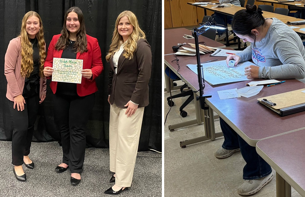 The Collegiate Crops Team from the University of Wisconsin–Platteville secured first place overall at the Regional Collegiate Crops Judging Contest held on the UW-Platteville campus on October 18. Left panel, l to r: Marissa Folkers, Sydney Rider, and Delaney Salm. Right panel: Sydney Rider. 