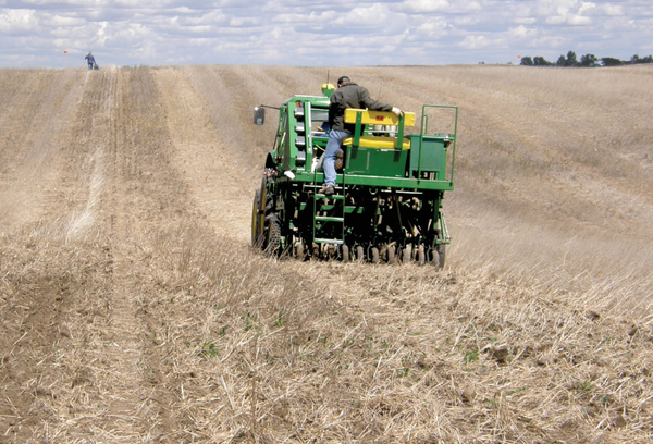 Figure 1. Small-plot seeder establishing strips 7.5 ft in width down the length of the field.