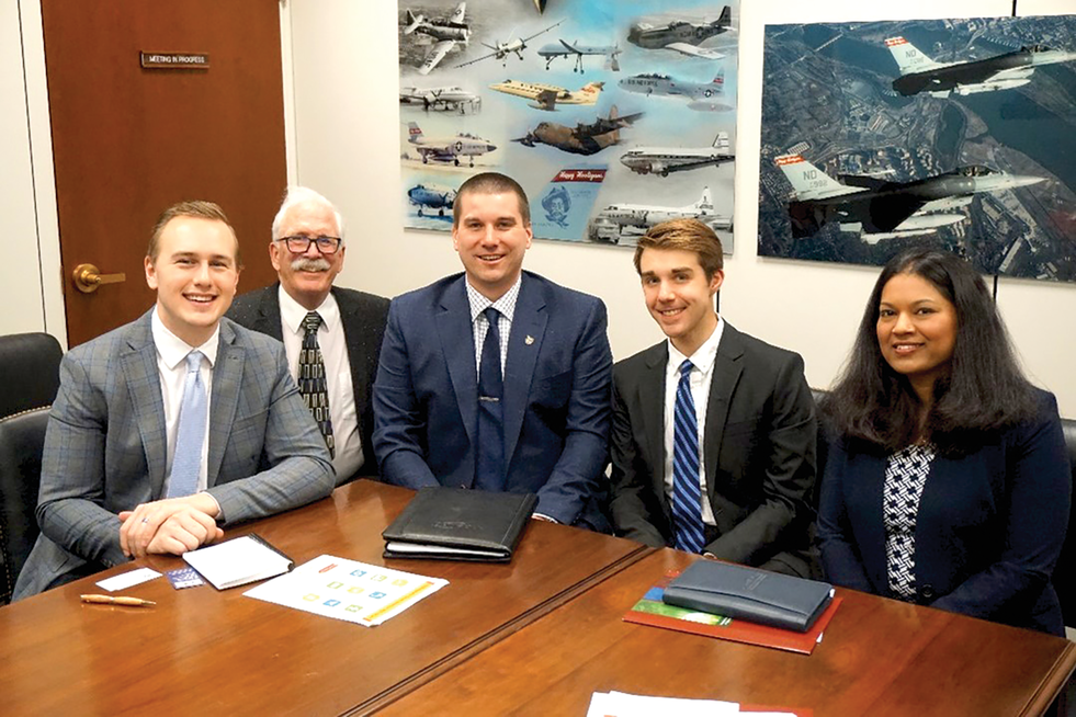 Team North Dakota–South Dakota meeting with congressional staff during Congressional Visits Day on Feb. 28, 2023. Pictured from l to r: congressional staffer, David Clay (American Society of Agronomy Past President), John Christianson (North Dakota CCA President), Eli Halverson (South Dakota State University graduate student), and Mala Ganiger (North Dakota State University graduate student).