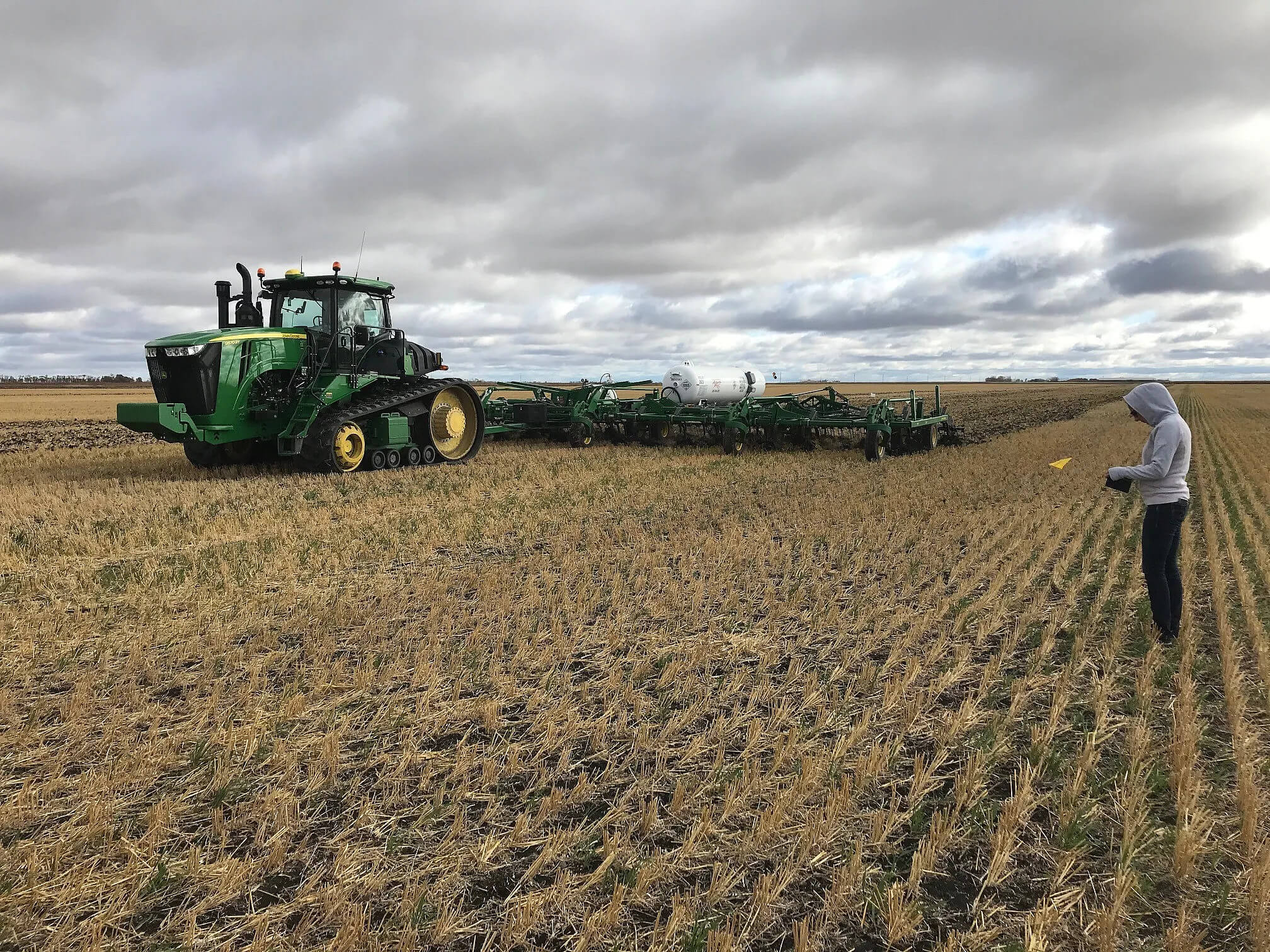 Fall application of anhydrous ammonia with a nitrification inhibitor.