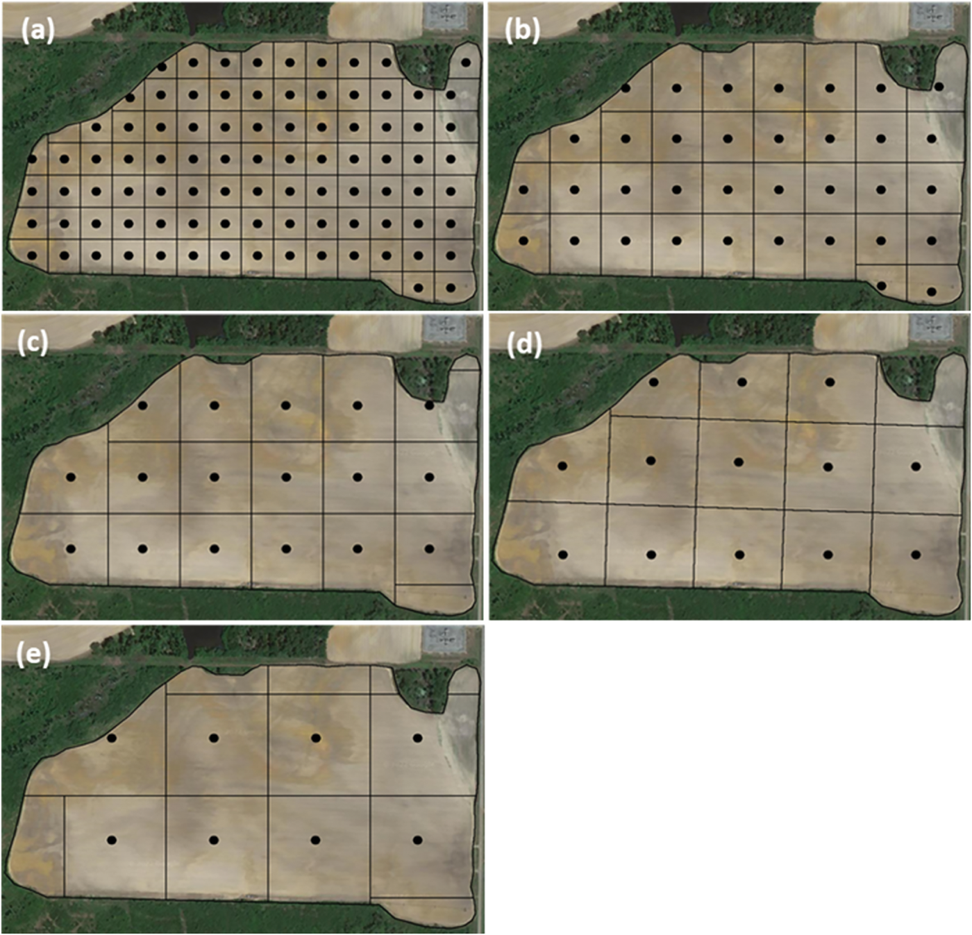 Figure 1. Soil-sampling maps based on different grid sizes of (a) 1.0 ac, (b) 2.5 ac, (c) 5.0 ac, (d) 7.5 ac, and (e) 10.0 ac for one of the fields (90 ac) used in the soil-sampling studies conducted in 2022.