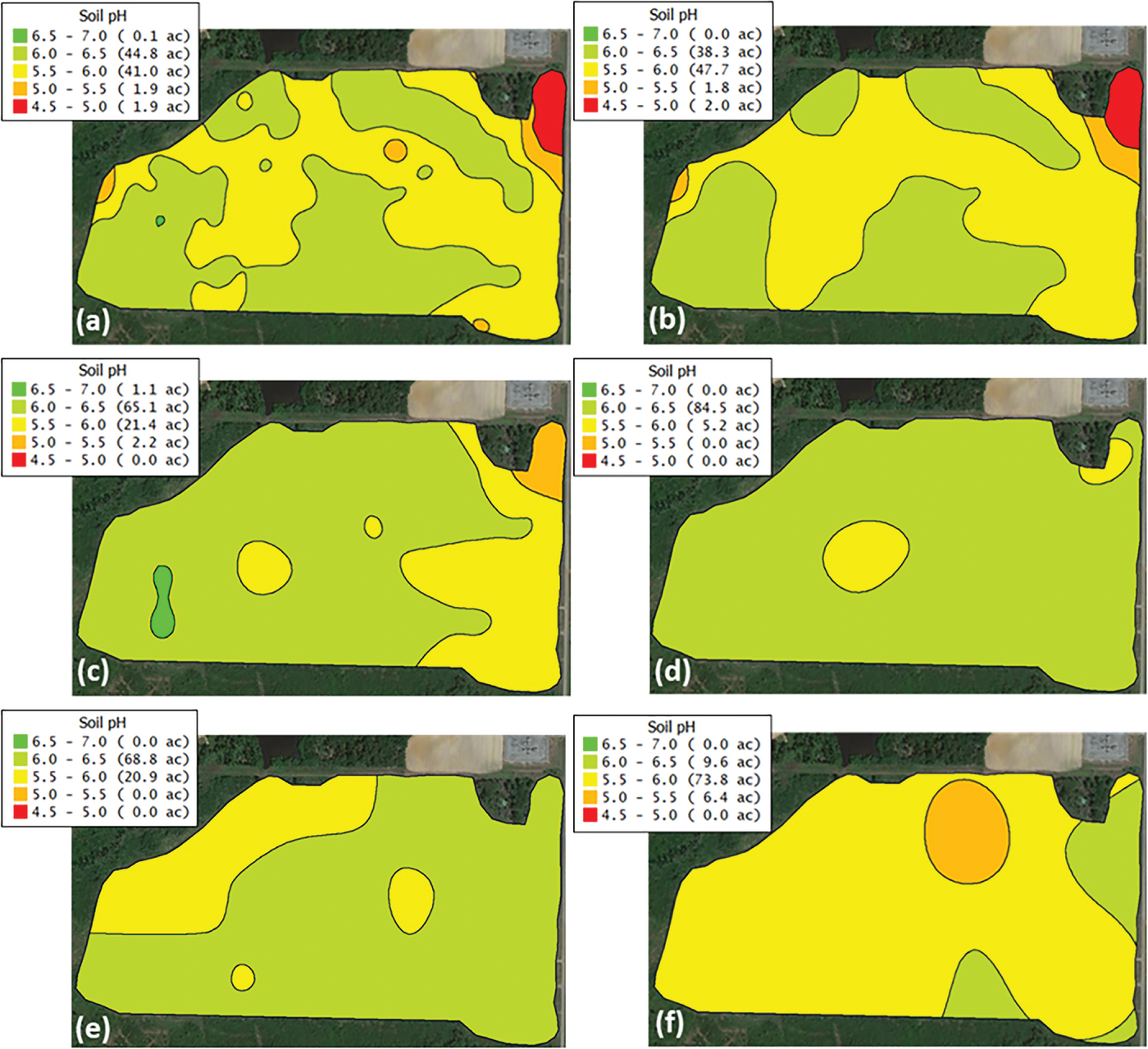 Figure 2. Spatial soil pH map based on the (a) high-intensity soil sampling (reference) and the grid sizes of (b) 1.0 ac, (c) 2.5 ac, (d) 5.0 ac, (e) 7.5 ac, and (f) 10.0 ac for one of the fields used in grid size studies conducted in 2022.