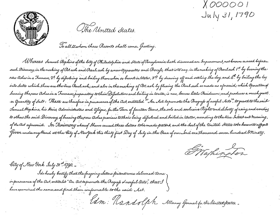Figure 5. The first U.S. patent was granted to Samuel Hopkins for a process of making pot- ash. Courtesy of the United States Patent and Trademark Office.