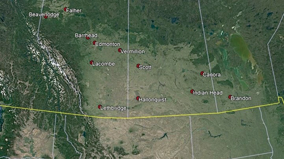 Figure 2. Field trial locations used for evaluation of urease and nitrification inhibitors in western Canada from 2007 to 2022. Locations were all dryland except at Lethbridge where 15 site-years were also conducted under irrigation.