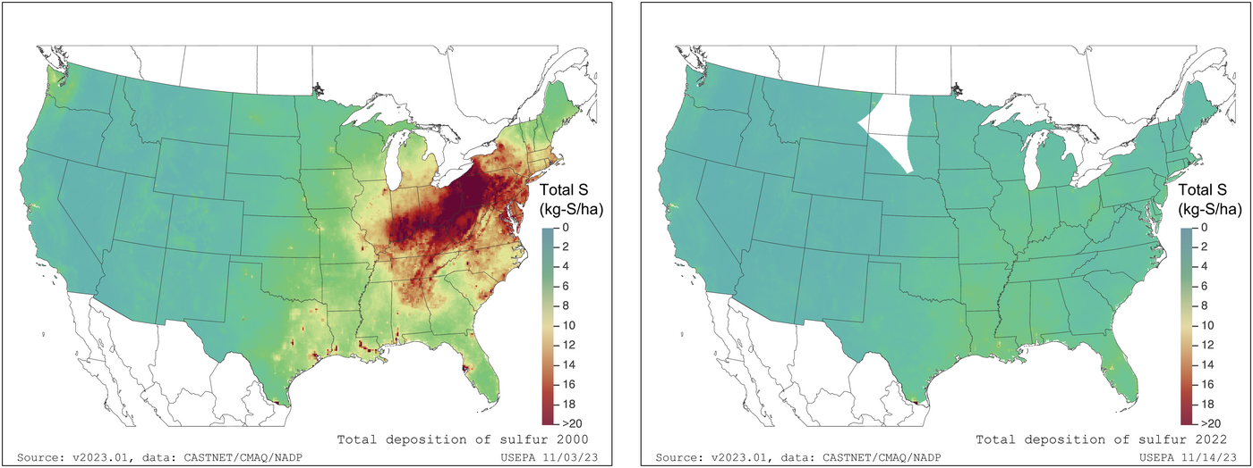 Figure 3. Annual total (wet and dry) deposition of sulfur decreased dramatically in the Eastern Corn Belt between 2000 and 2022. Image from the National Atmospheric Deposition Program, 2024.