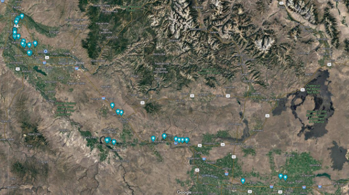 Figure 6. Palmer amaranth detections in southern Idaho were mostly along roadways. Each blue point indicate a Palmer amaranth plant or population.