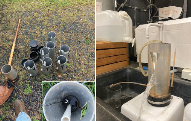 Left: Runoff quantification devices known as UBeTubes are ready to deploy. Inset shows a top-down view. Right: Lab test of the water collected by sampler. Photos by Jacob Maris.