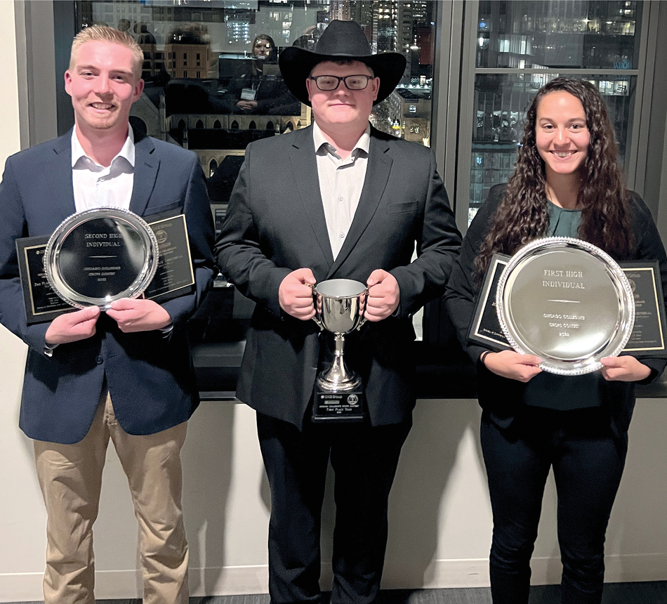 Iowa State University took first place in the 2022 Chicago Collegiate Crops Contest. From l to r: Alex Coughlin, Tom Thompson, and Megan Blauwet.