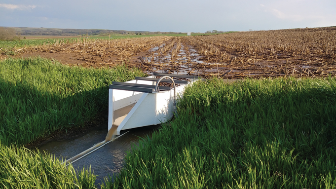 Runoff leaves a no-cover-crop treatment at the Kansas Agricultural Watershed Field Laboratory in May 2018 prior to soybean planting. Photo by Nathan Nelson.