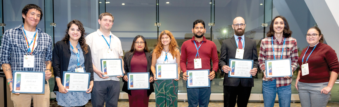 2022 Bridge Scholars (l to r): Charles Bush (Oglala Lakota College), Natalia Espinoza (University of Georgia–Athens), Robert Hall (University of Wisconsin Madison), Araceli Martinez (Columbia Basin College), Rebecca Sarai Monge (Stanford University), Miguel Salceda (University of Missouri), Leandro Otavio Vieira-Filho (University of Florida), Cesar Zamora (Oregon State University), and Karina Morales (University of Wisconsin–Madison and Chair, Bridge Scholars Program). Photo courtesy of Remsberg.