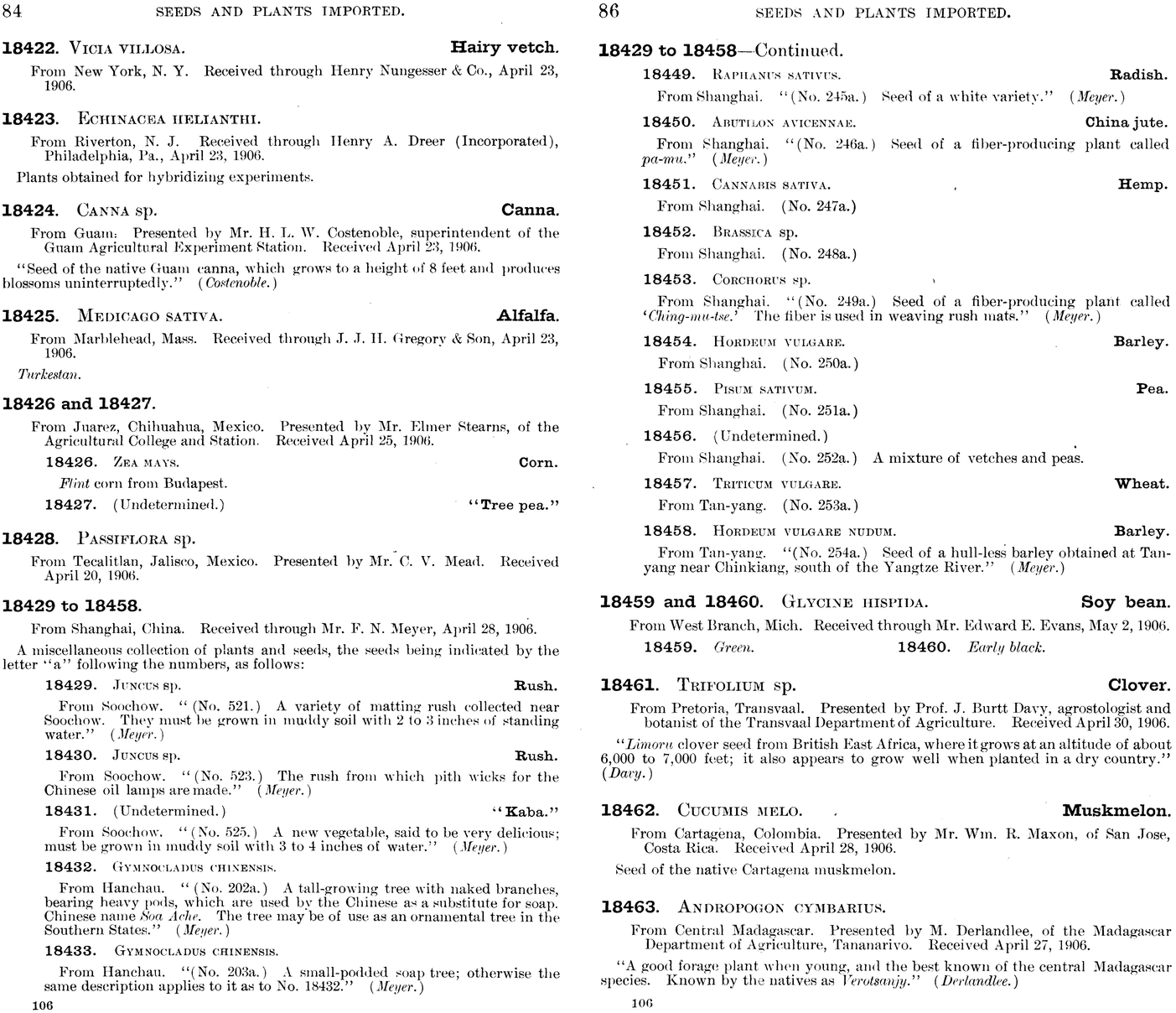 Figure 1. Example of Frank N. Meyer’s collected Plant Introductions listed in pages 84 and 86 of Volume 1 of the Plant Inventory book series.