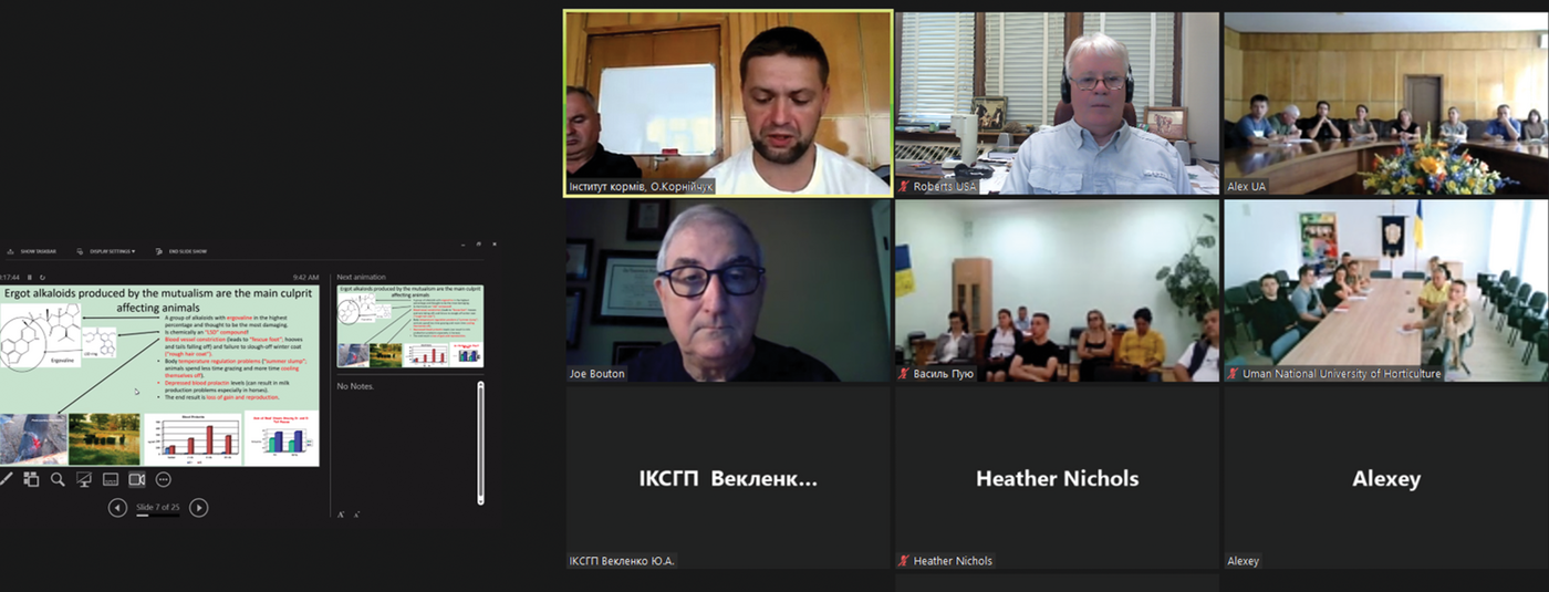 Dr. Joe Bouton (leftmost in the middle row) lectures about novel endophytes to three universities in Ukraine. The lecture is translated live by Dr. Oleksiy Kornijchuk (top left) to 52 students at Podillia State University, Podillia Institute of Fodder and Agriculture, and Uman National University of Horticulture.