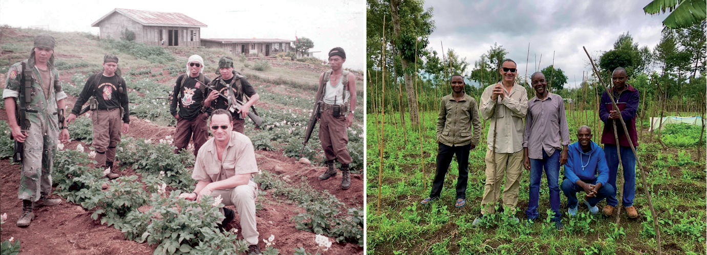Left: Dr. John Bowman, with bodyguards, evaluating potato trials in Mindanao, Philippines. Right: Bowman discussing disease control with USAID-supported vegetable farmers in Arusha, Tanzania.