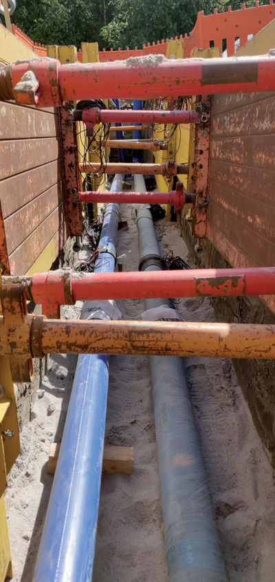 Construction of a trench with two drinking-water supply pipes made of cast iron and polyethylene, respectively. Photo courtesy of Claus Haslauer, VEGAS, University of Stuttgart, Germany.