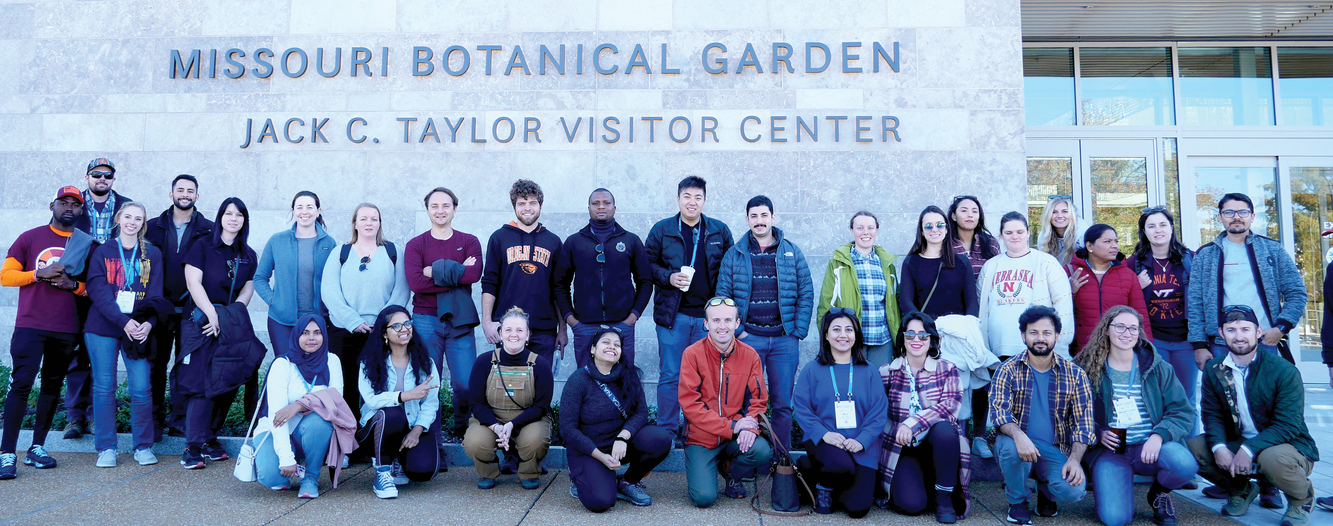 Students pose for a picture in front of the Missouri Botanical Gardens. Photo by Jyoti Prasad Kakati.