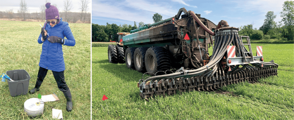 Left: Sarah Brickman, a master’s student at the University of Vermont, injects a greenhouse gas sample into a glass vial at Borderview Research Farm in Alburgh, VT. Photo by Karin Rand. Right: A  Veenhuis Euroject 1200 grassland injector applies manure to a subplot at the farm. Photo by Sarah Brickman.