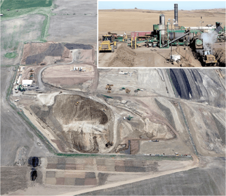 Aerial view of the oil spill remediation site and research plots with inset showing the thermal desorption unit used to treat soils during this project. Photos by Vern Whitten and Peter O’Brien.